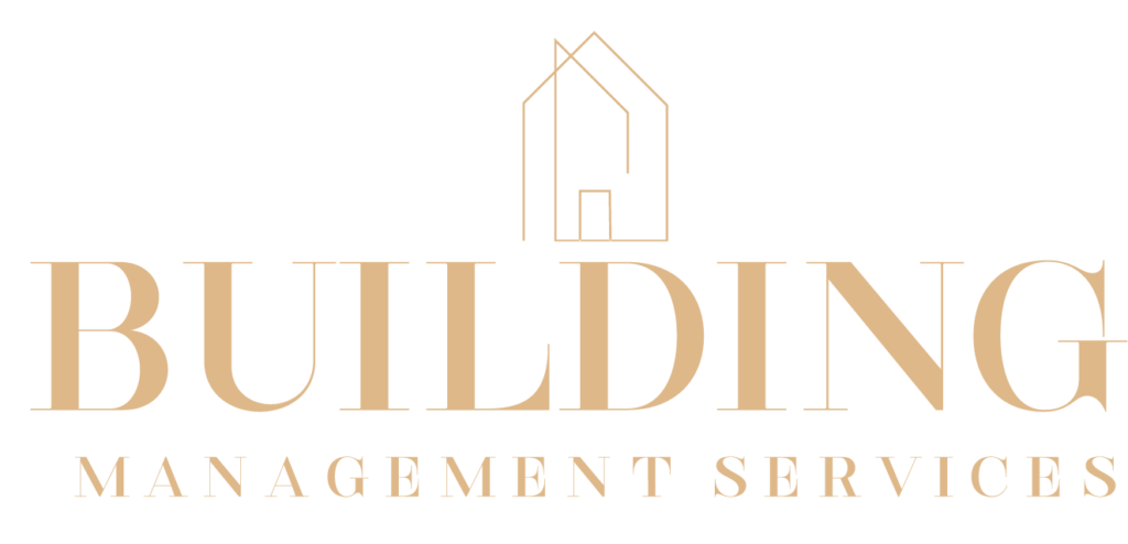 logo of building management services company in light brown color and serif font