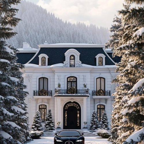 picture of a big house with a nice car parked in the middle and surrounded by trees covered under snow