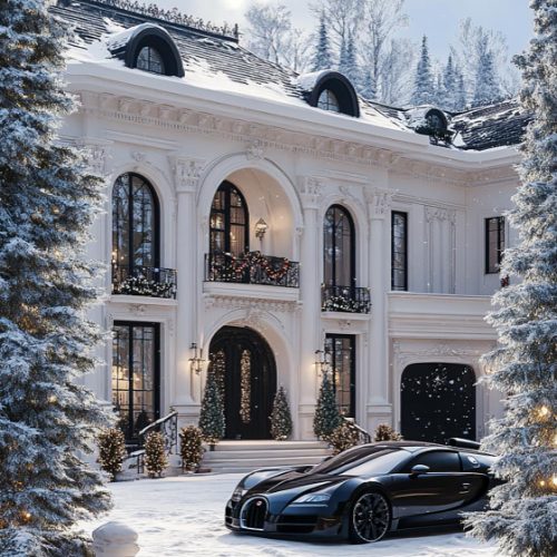 side view of a luxury house with fancy windows and lights and nice car covered under snow and trees around it