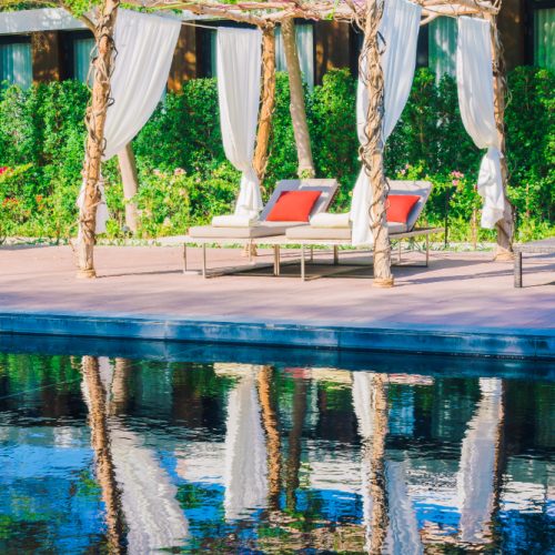 picture of backyard of a house with trees and chairs and reflection of it into the pool