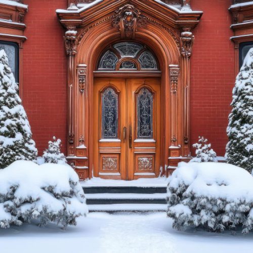 front view of a house with red walls and shrubs and trees under snow